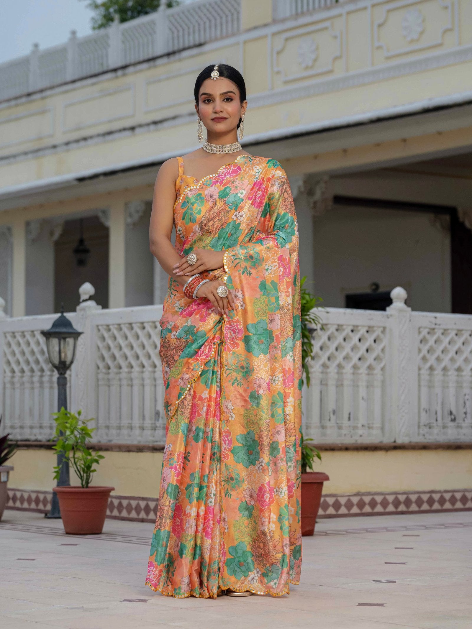 Multicolor Floral Print Ready To Wear Chinnon Saree