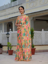 Multicolor Floral Print Ready To Wear Chinnon Saree