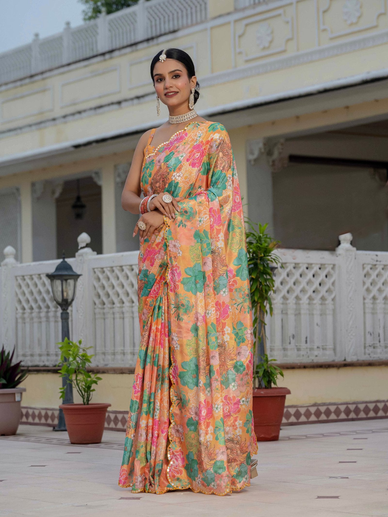Multicolor Floral Print Ready To Wear Chinnon Saree