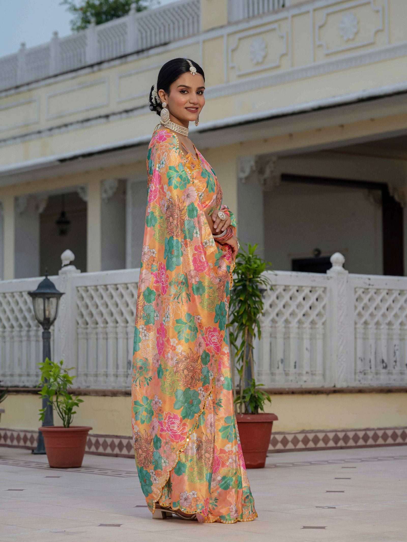 Multicolor Floral Print Ready To Wear Chinnon Saree