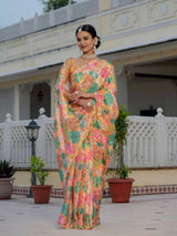 Multicolor Floral Print Ready To Wear Chinnon Saree