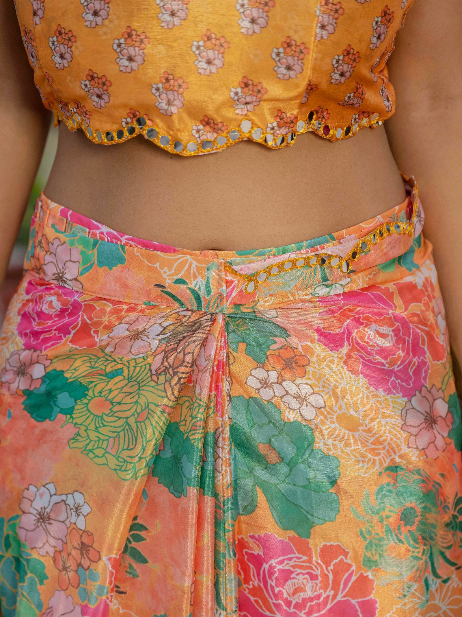Multicolor Floral Print Ready To Wear Chinnon Saree