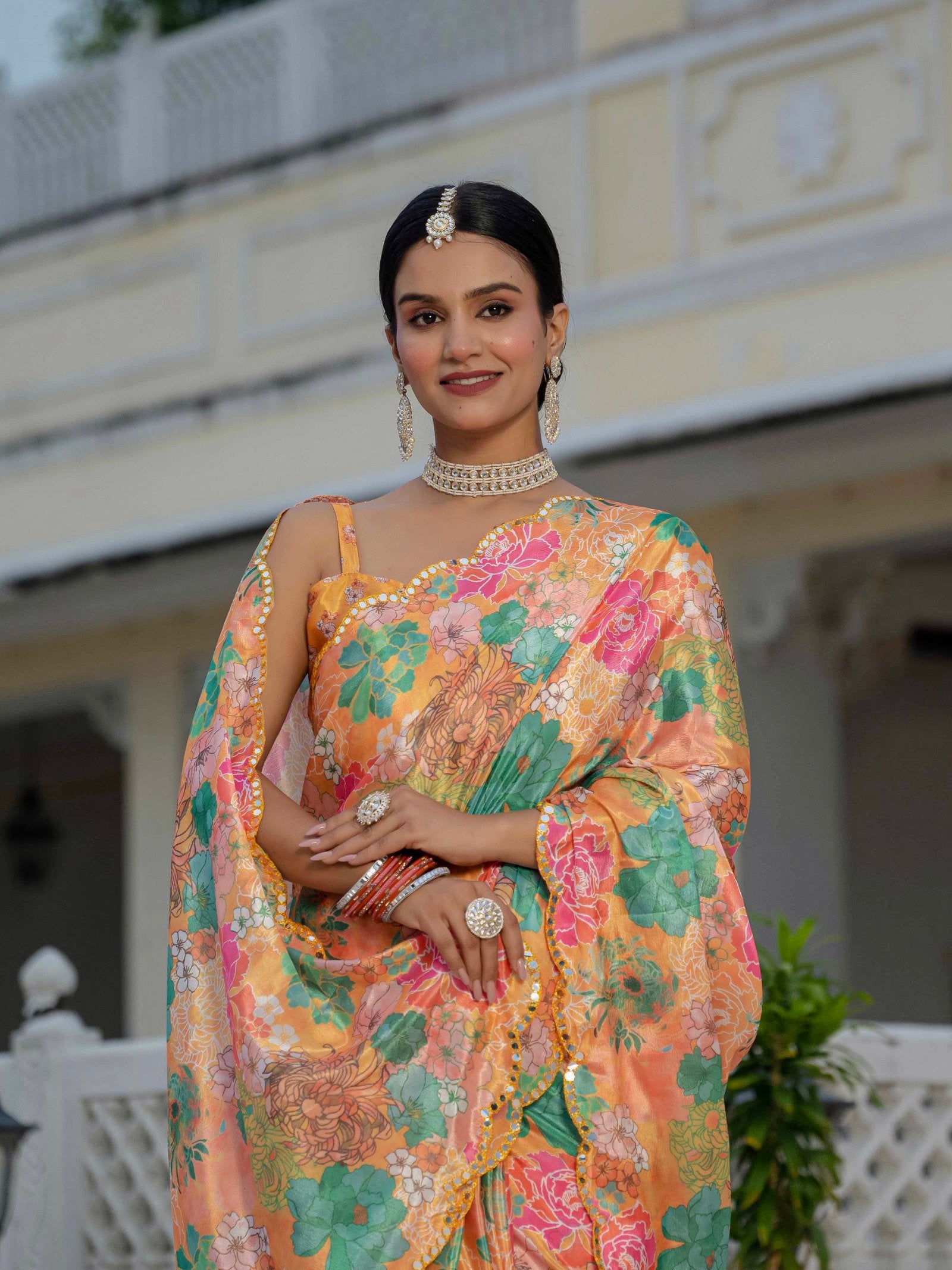 Multicolor Floral Print Ready To Wear Chinnon Saree