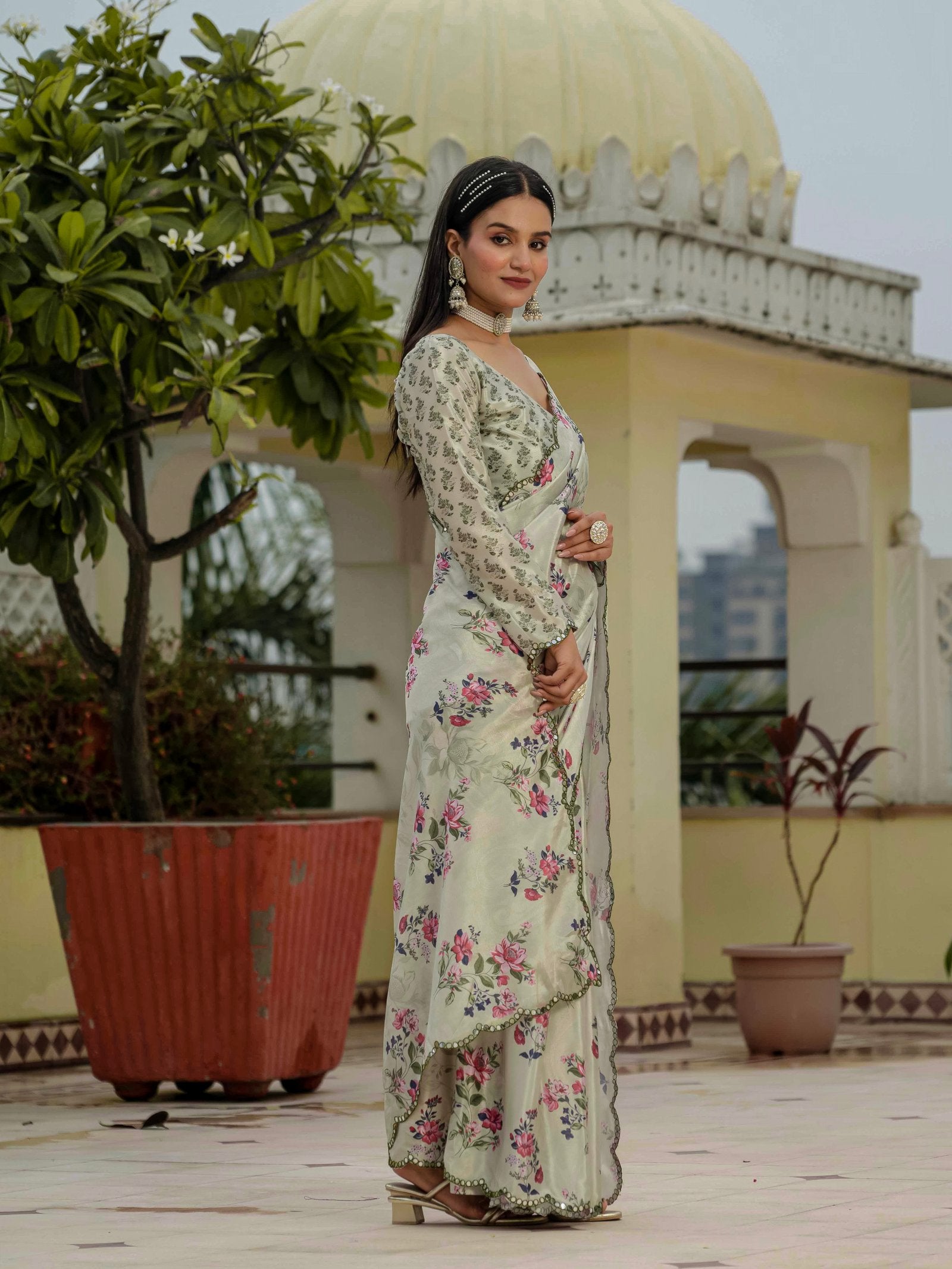 Cream Floral Chinnon Ready To Wear Saree with Mirror Border