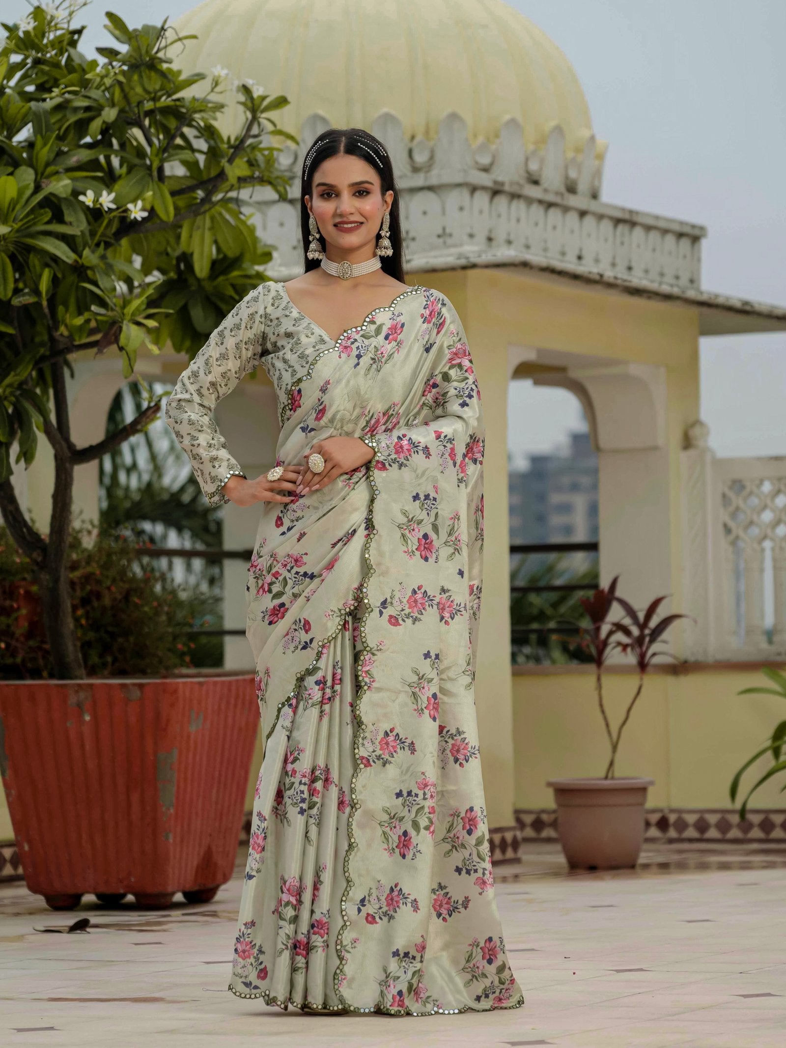 Cream Floral Chinnon Ready To Wear Saree with Mirror Border