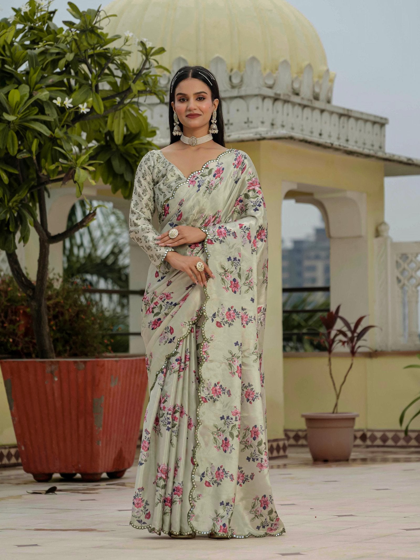 Cream Floral Chinnon Ready To Wear Saree with Mirror Border