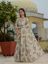 Cream Floral Chinnon Ready To Wear Saree with Mirror Border
