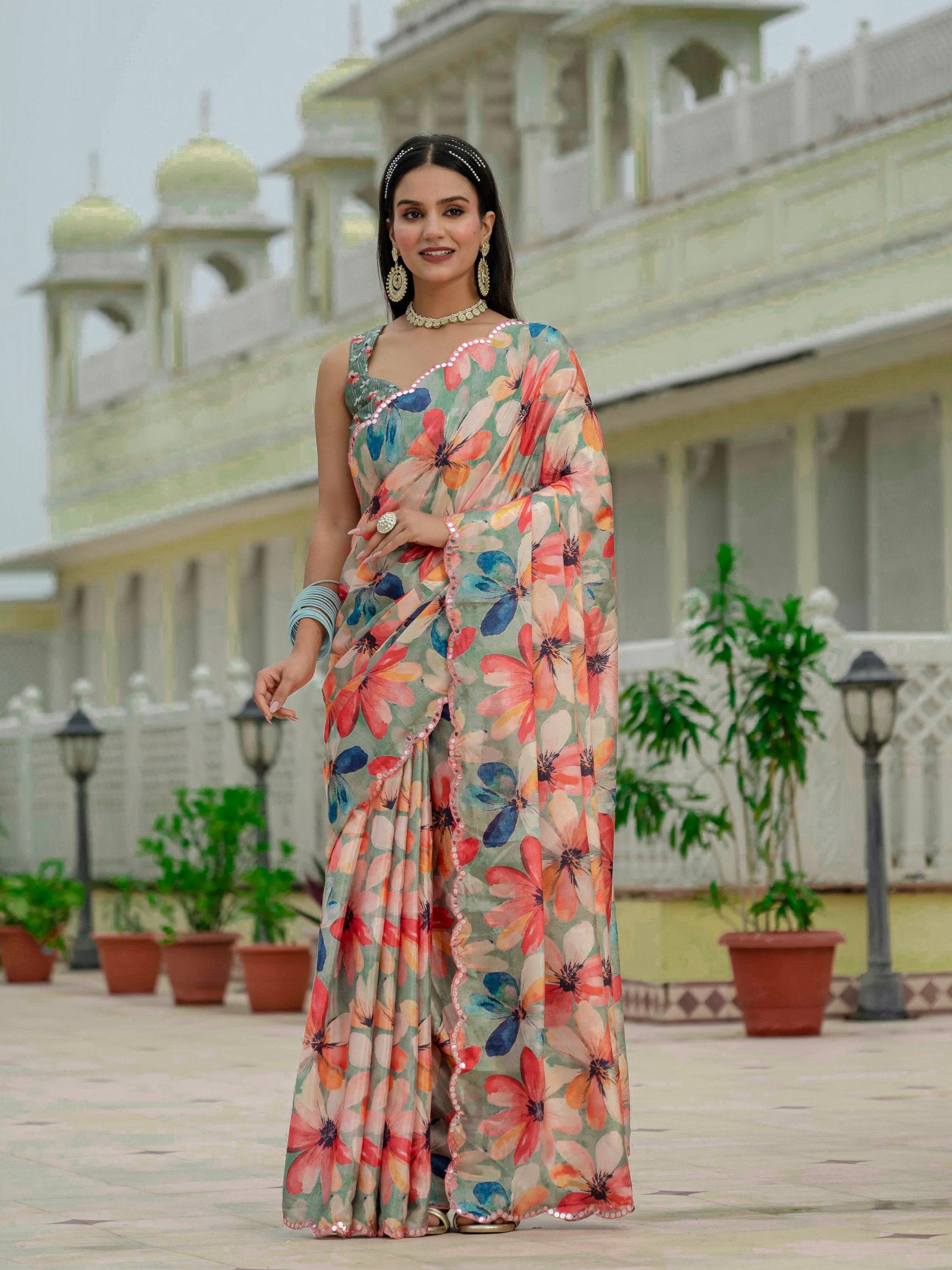 Multicolor Floral Chinnon Ready-to-Wear Saree