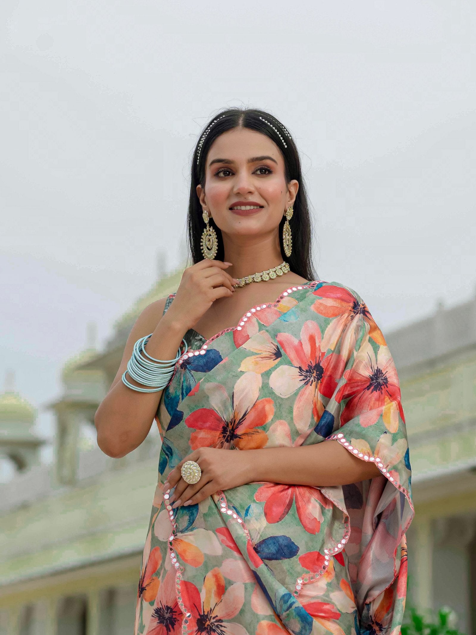 Multicolor Floral Chinnon Ready-to-Wear Saree