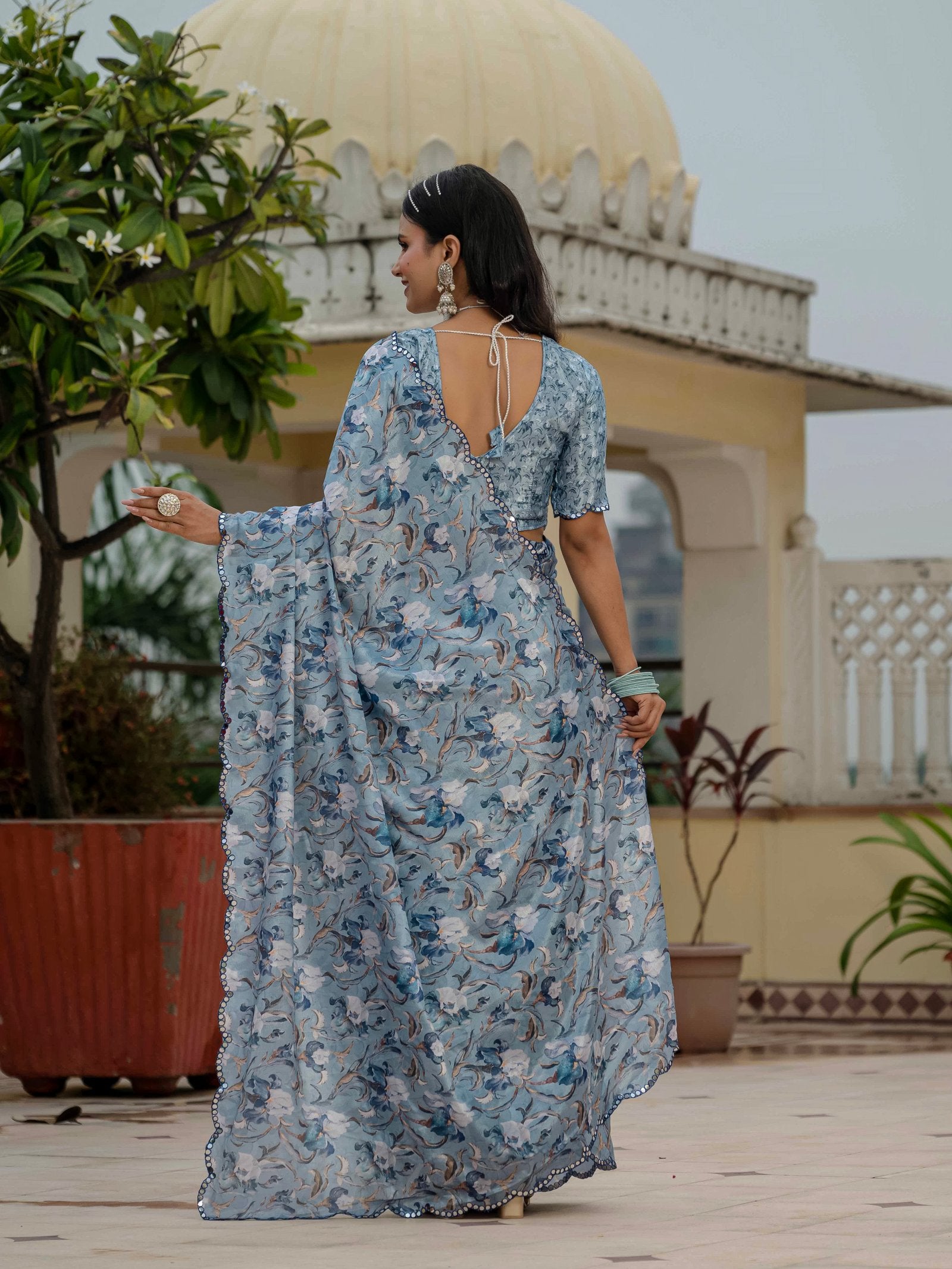 Blue Chinnon Ready-to-Wear Saree with Kutchi Mirror Border