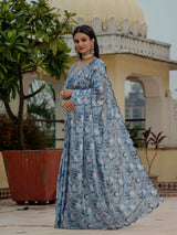 Blue Chinnon Ready-to-Wear Saree with Kutchi Mirror Border