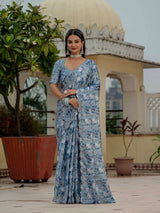 Blue Chinnon Ready-to-Wear Saree with Kutchi Mirror Border