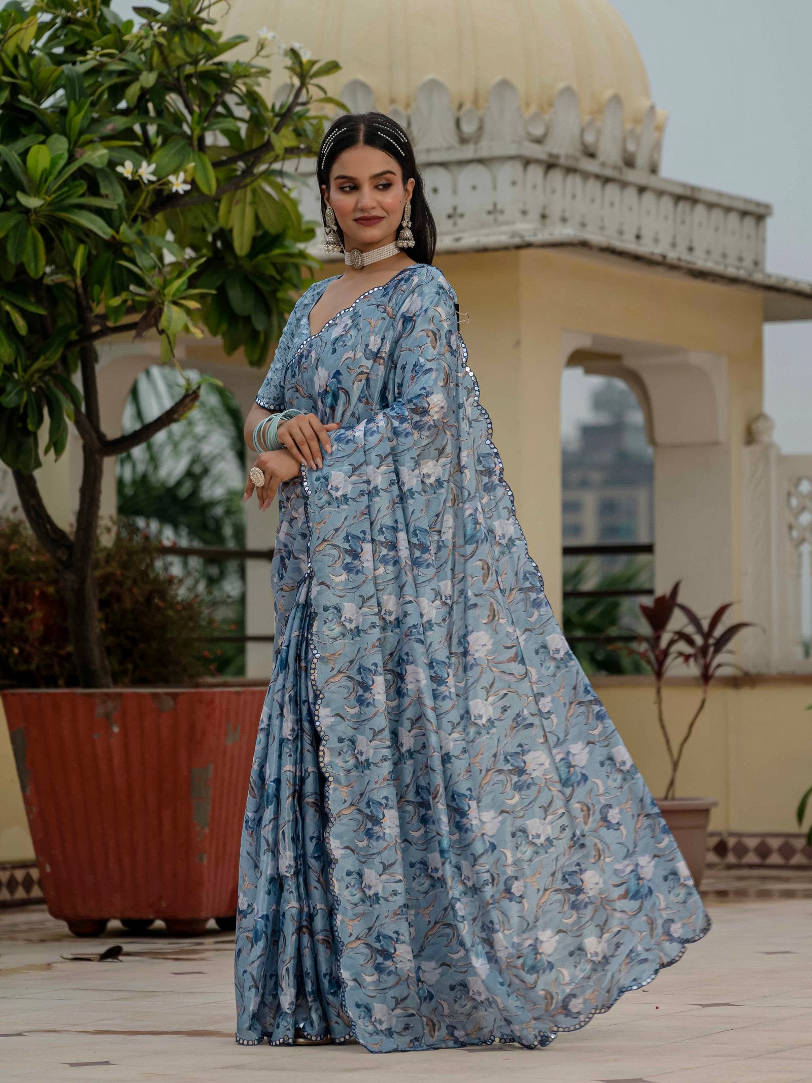 Blue Chinnon Ready-to-Wear Saree with Kutchi Mirror Border
