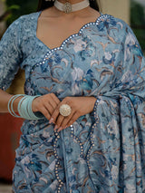 Blue Chinnon Ready-to-Wear Saree with Kutchi Mirror Border