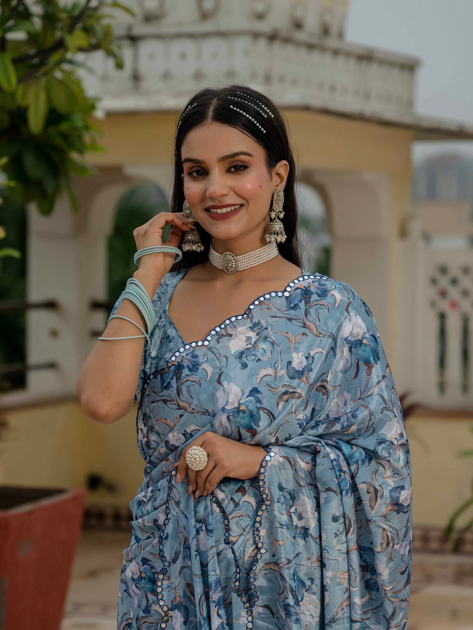 Blue Chinnon Ready-to-Wear Saree with Kutchi Mirror Border