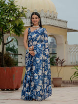 Blue Floral Print Ready-to-Wear Chinnon Saree with Mirror Lace