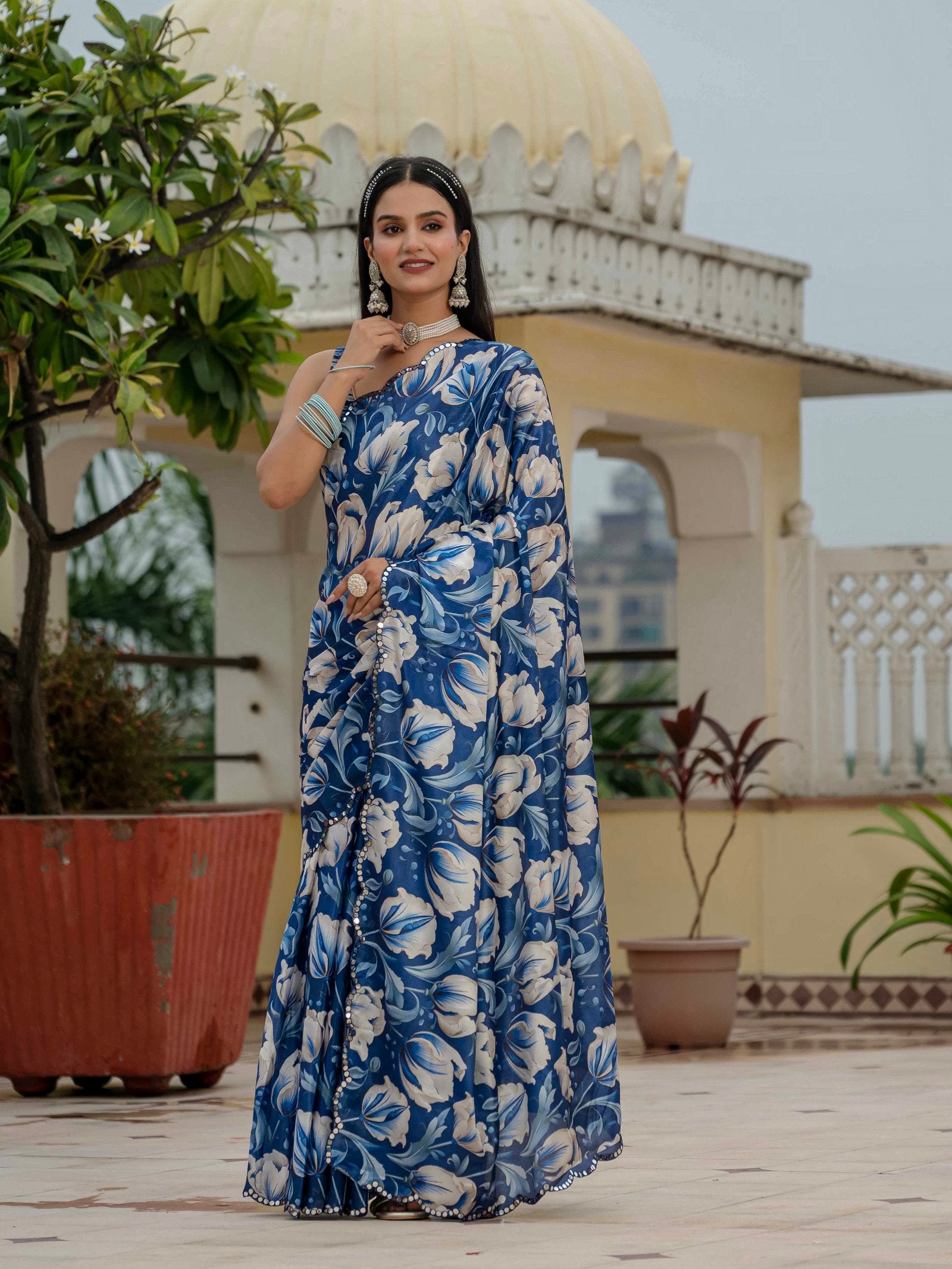 Blue Floral Print Ready-to-Wear Chinnon Saree with Mirror Lace