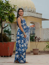 Blue Floral Print Ready-to-Wear Chinnon Saree with Mirror Lace