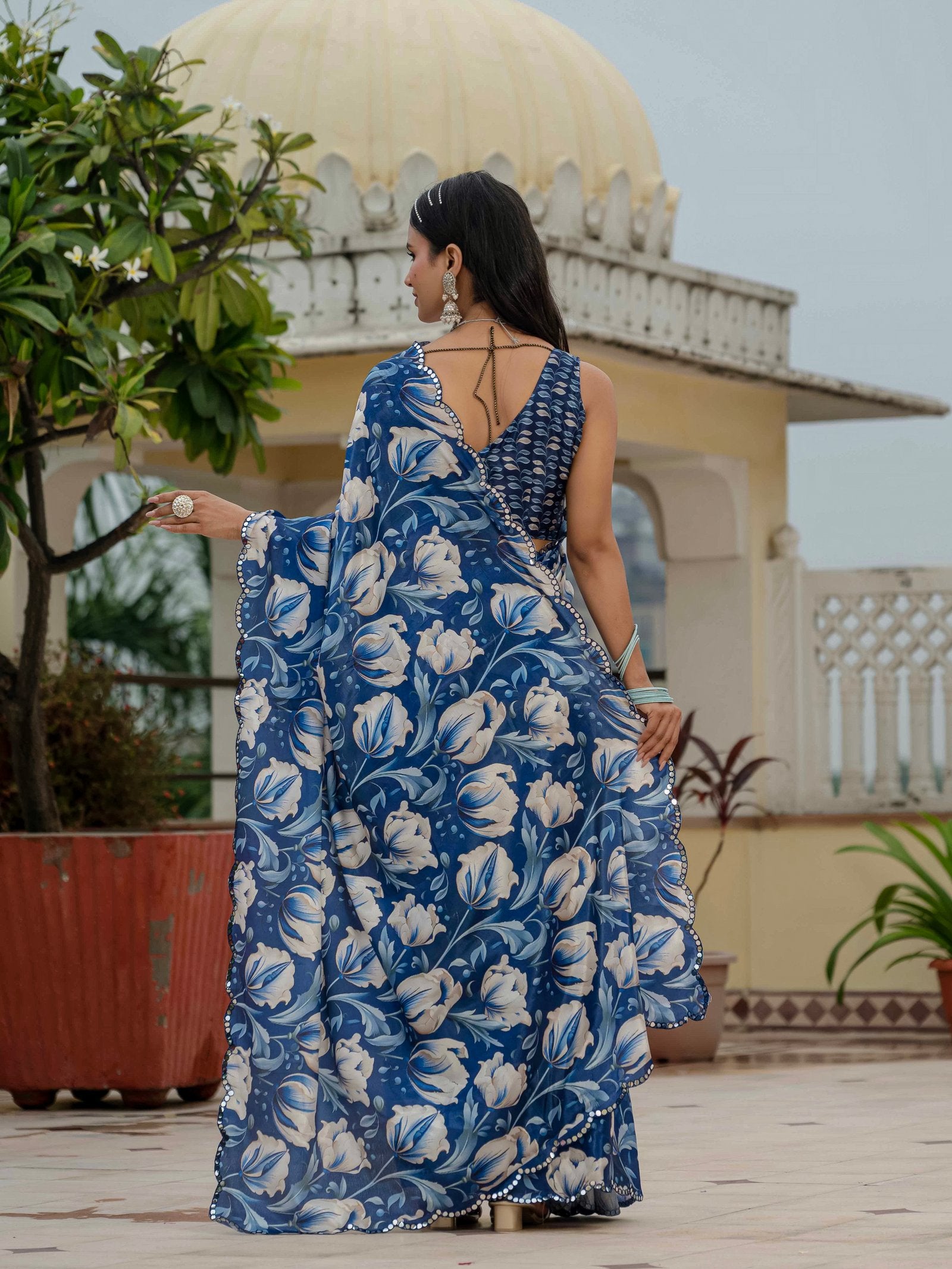 Blue Floral Print Ready-to-Wear Chinnon Saree with Mirror Lace