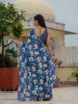 Blue Floral Print Ready-to-Wear Chinnon Saree with Mirror Lace