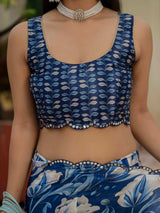 Blue Floral Print Ready-to-Wear Chinnon Saree with Mirror Lace