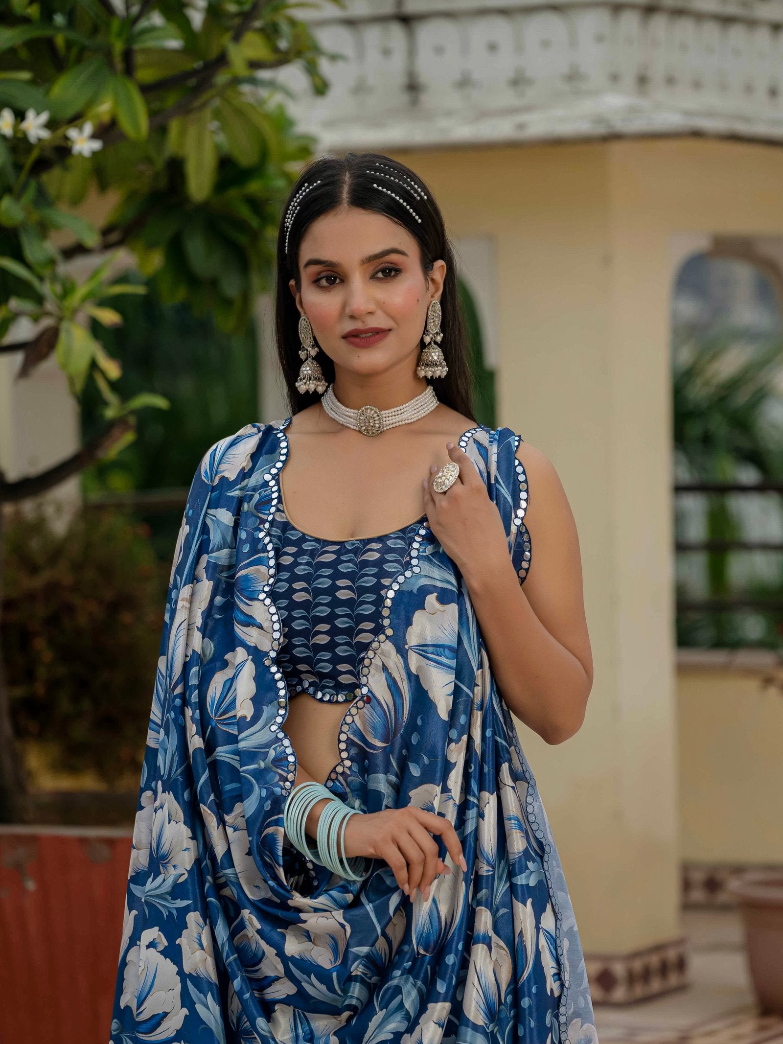 Blue Floral Print Ready-to-Wear Chinnon Saree with Mirror Lace