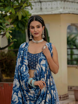 Blue Floral Print Ready-to-Wear Chinnon Saree with Mirror Lace