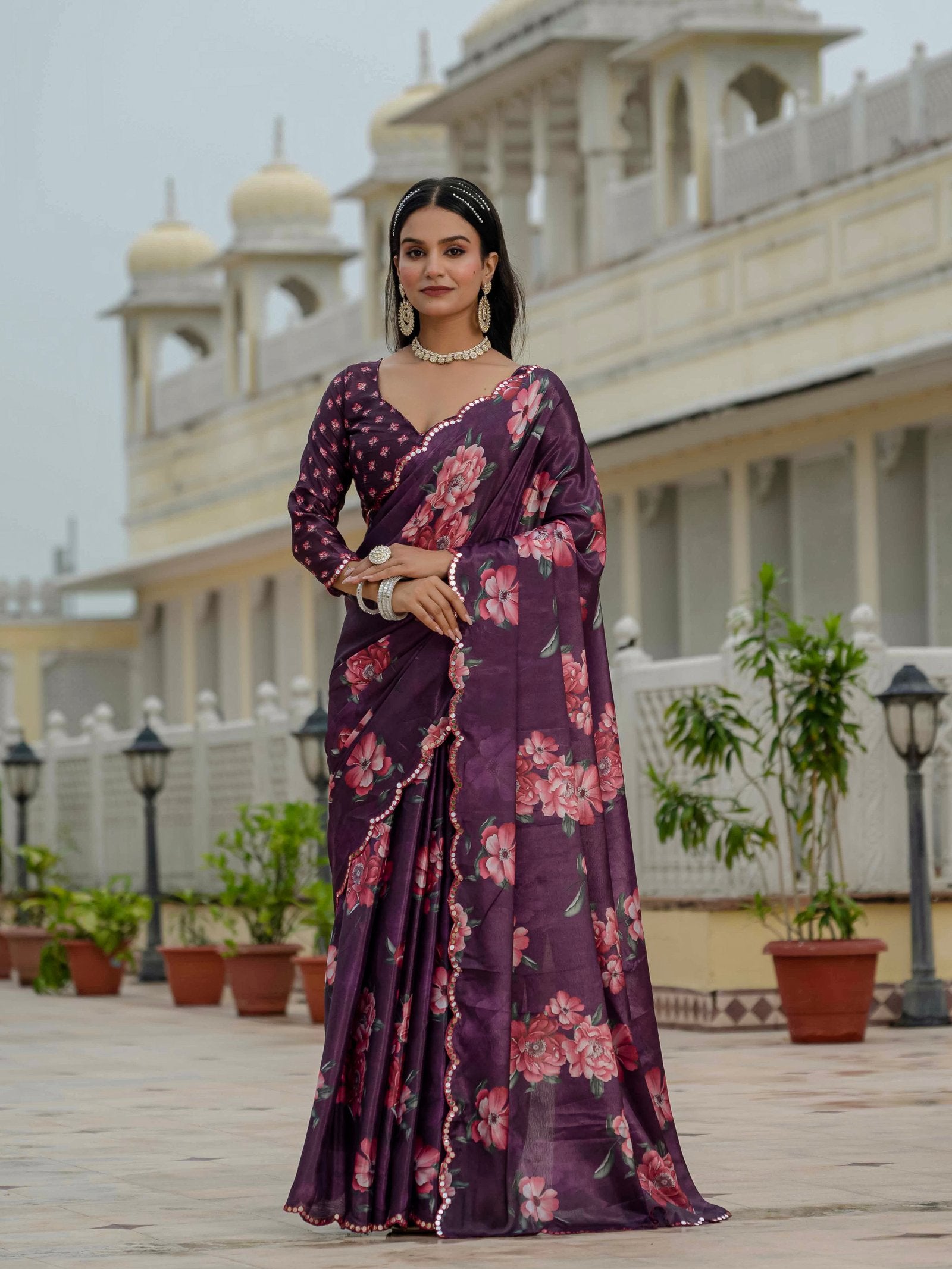 Elegant Purple Chinnon Floral Ready-to-Wear Saree with Mirror Lace