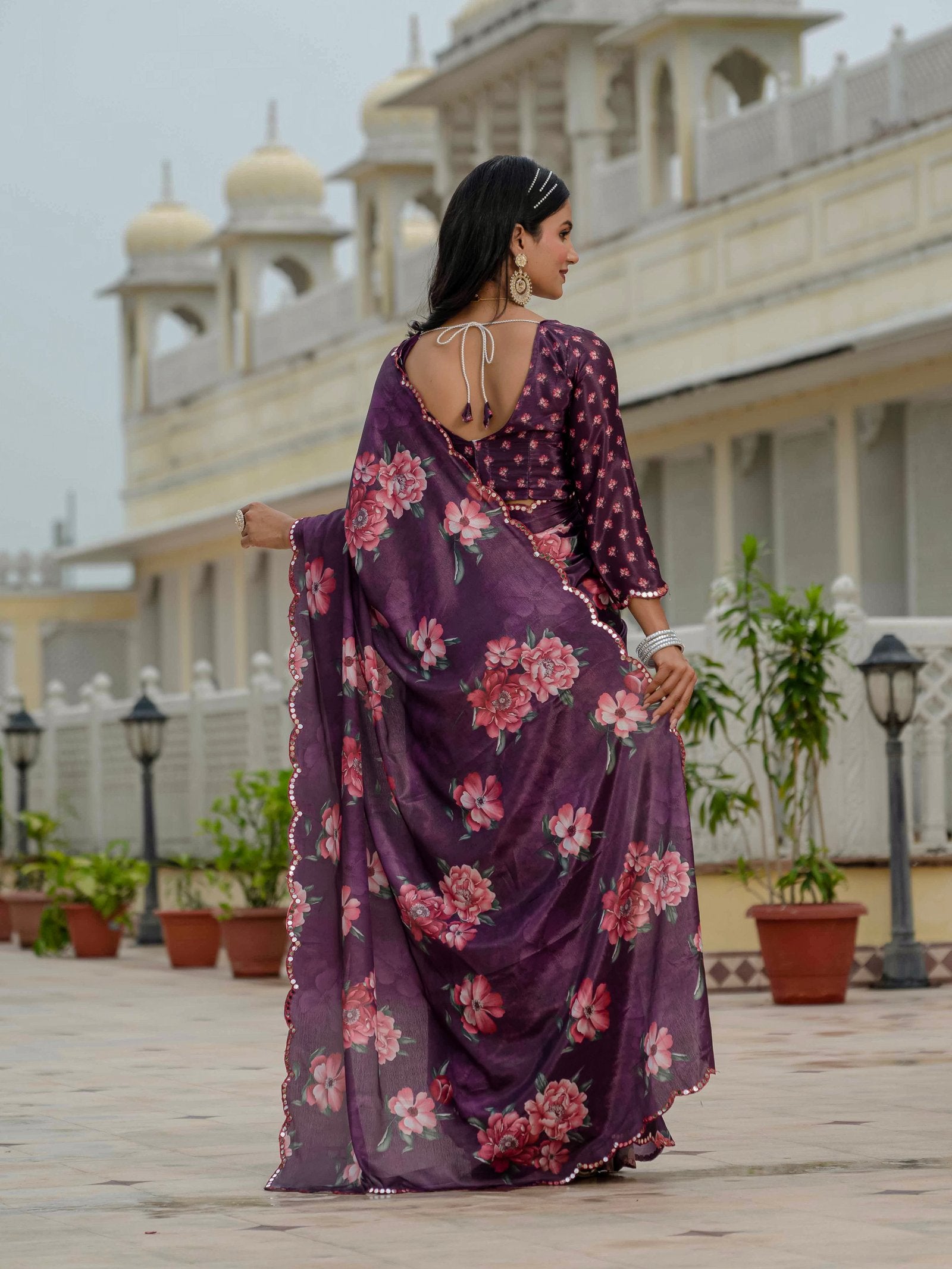 Elegant Purple Chinnon Floral Ready-to-Wear Saree with Mirror Lace
