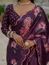 Elegant Purple Chinnon Floral Ready-to-Wear Saree with Mirror Lace