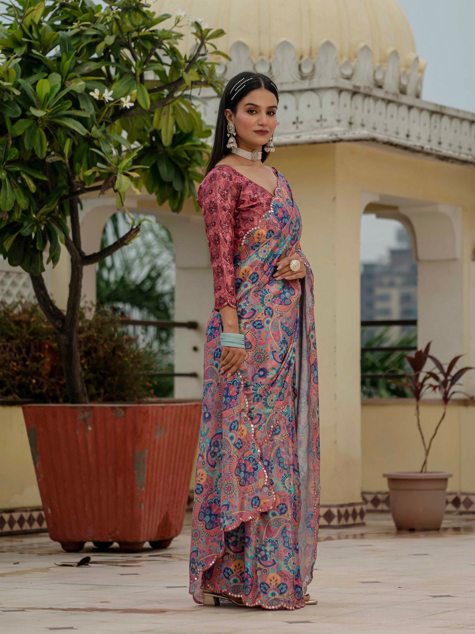 Multicolor Chinnon Ready-to-Wear Saree with Mirror Work
