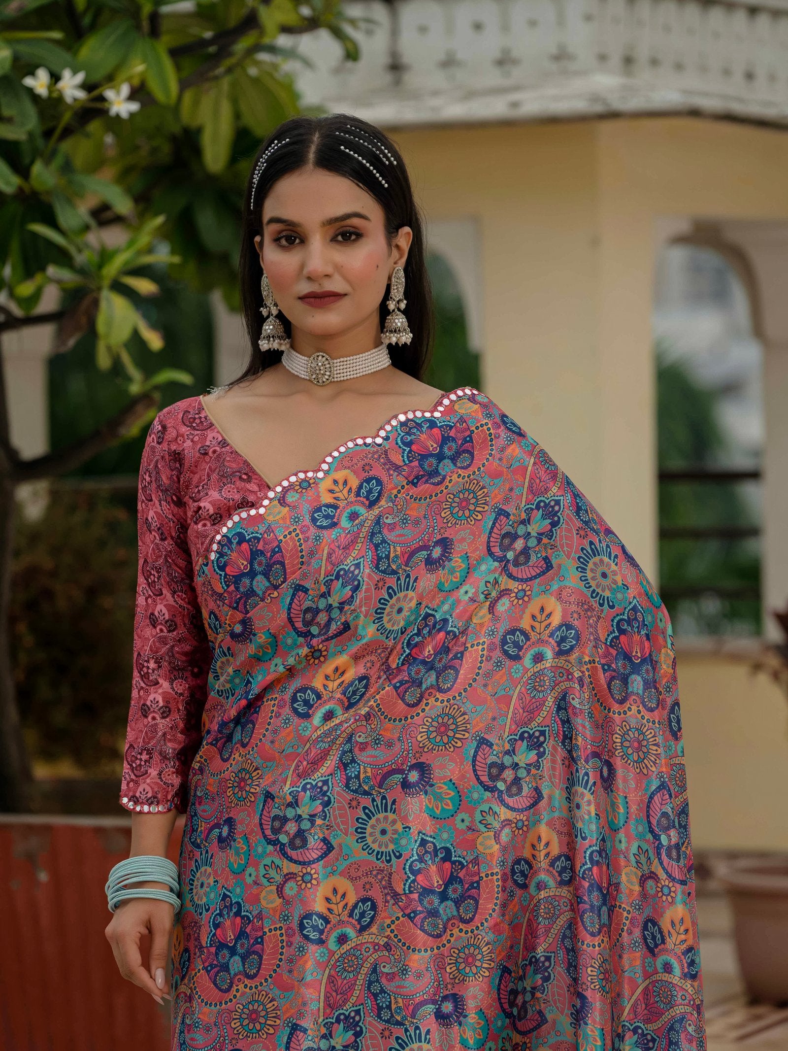 Multicolor Chinnon Ready-to-Wear Saree with Mirror Work