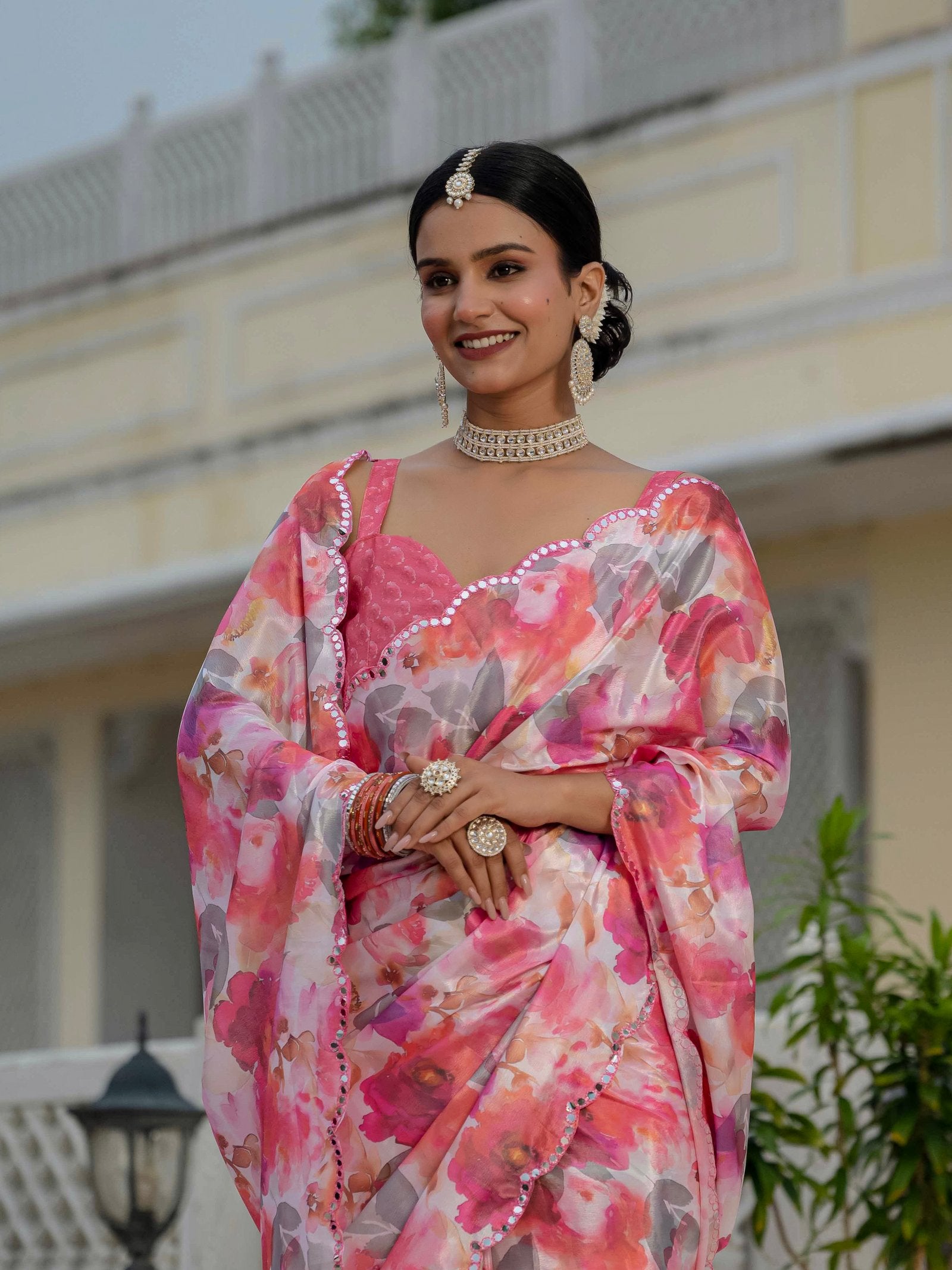 Multicolor Floral Chinnon Ready-to-Wear Saree with Mirror Lace