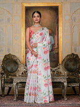 White Floral Print Ready-to-Wear Chinnon Saree with Unstitched Blouse
