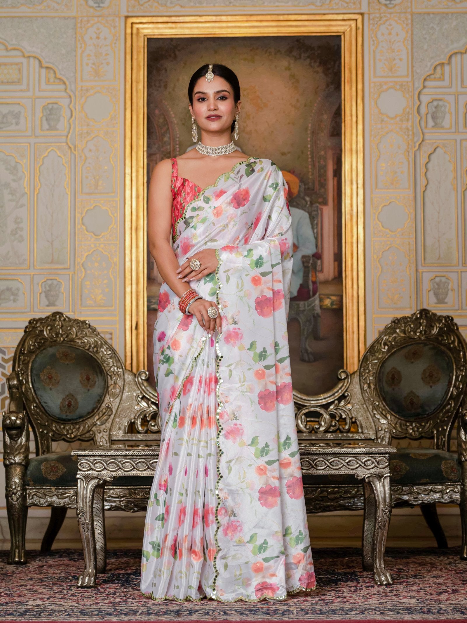 White Floral Print Ready-to-Wear Chinnon Saree with Unstitched Blouse