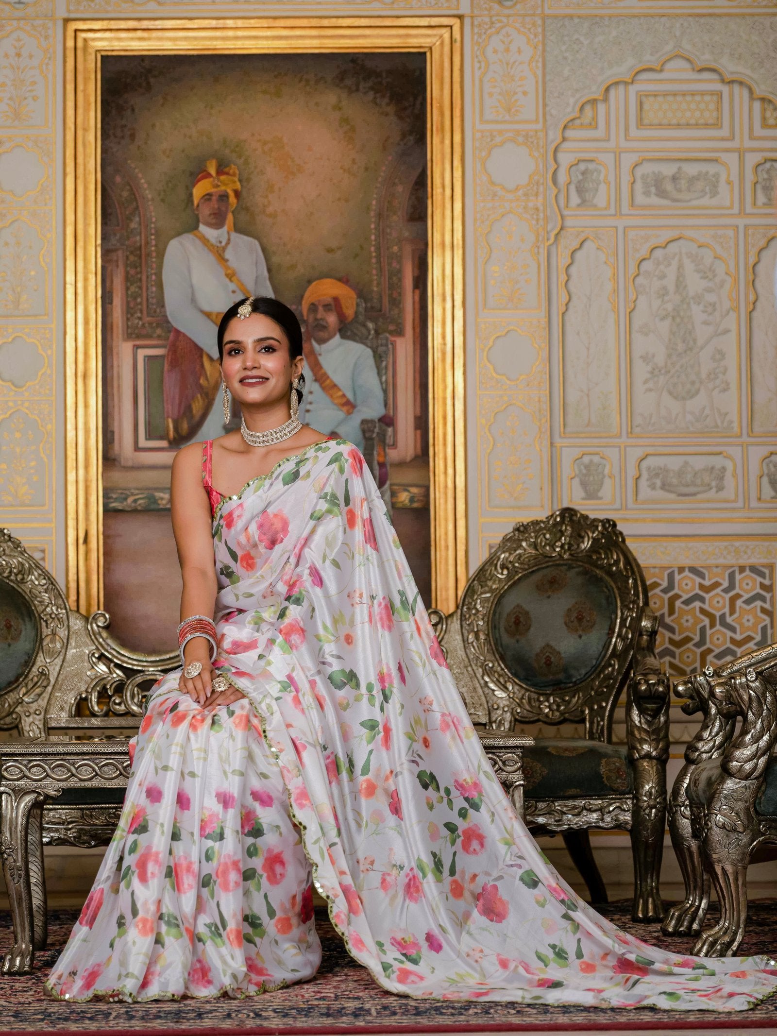 White Floral Print Ready-to-Wear Chinnon Saree with Unstitched Blouse