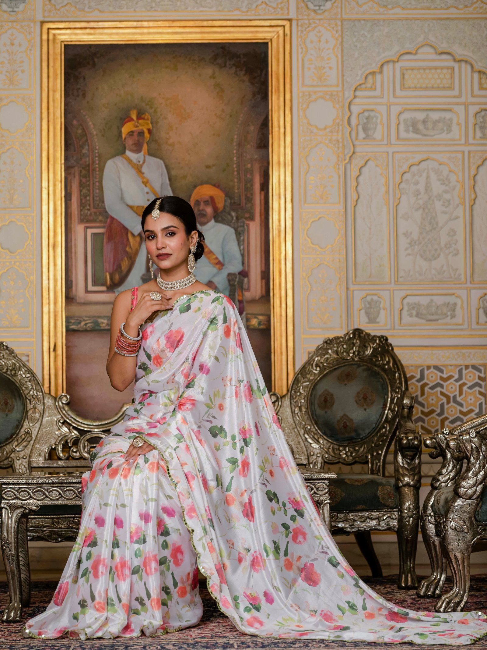White Floral Print Ready-to-Wear Chinnon Saree with Unstitched Blouse