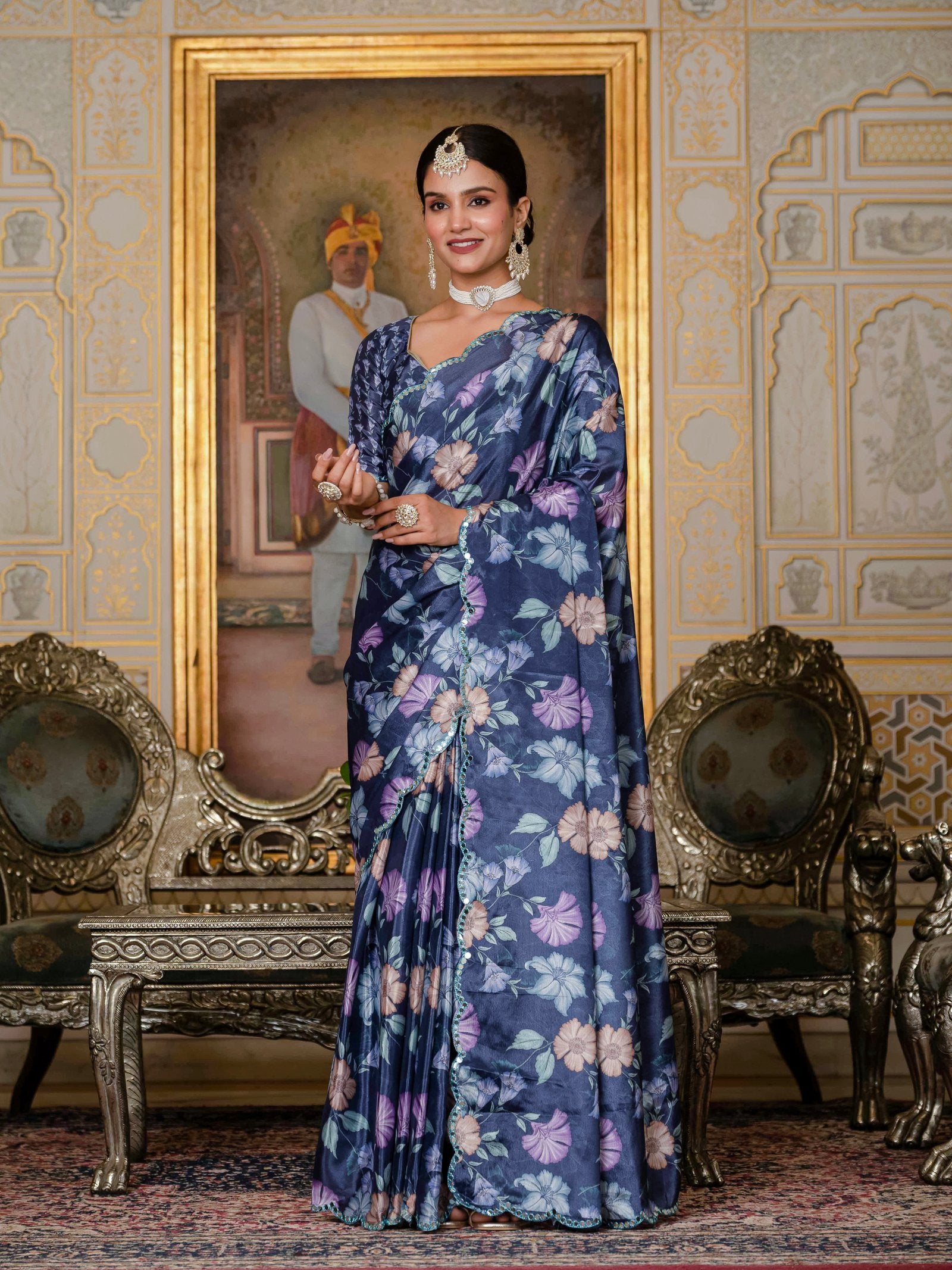 Navy Blue Floral Print Ready-to-Wear Chinnon Saree