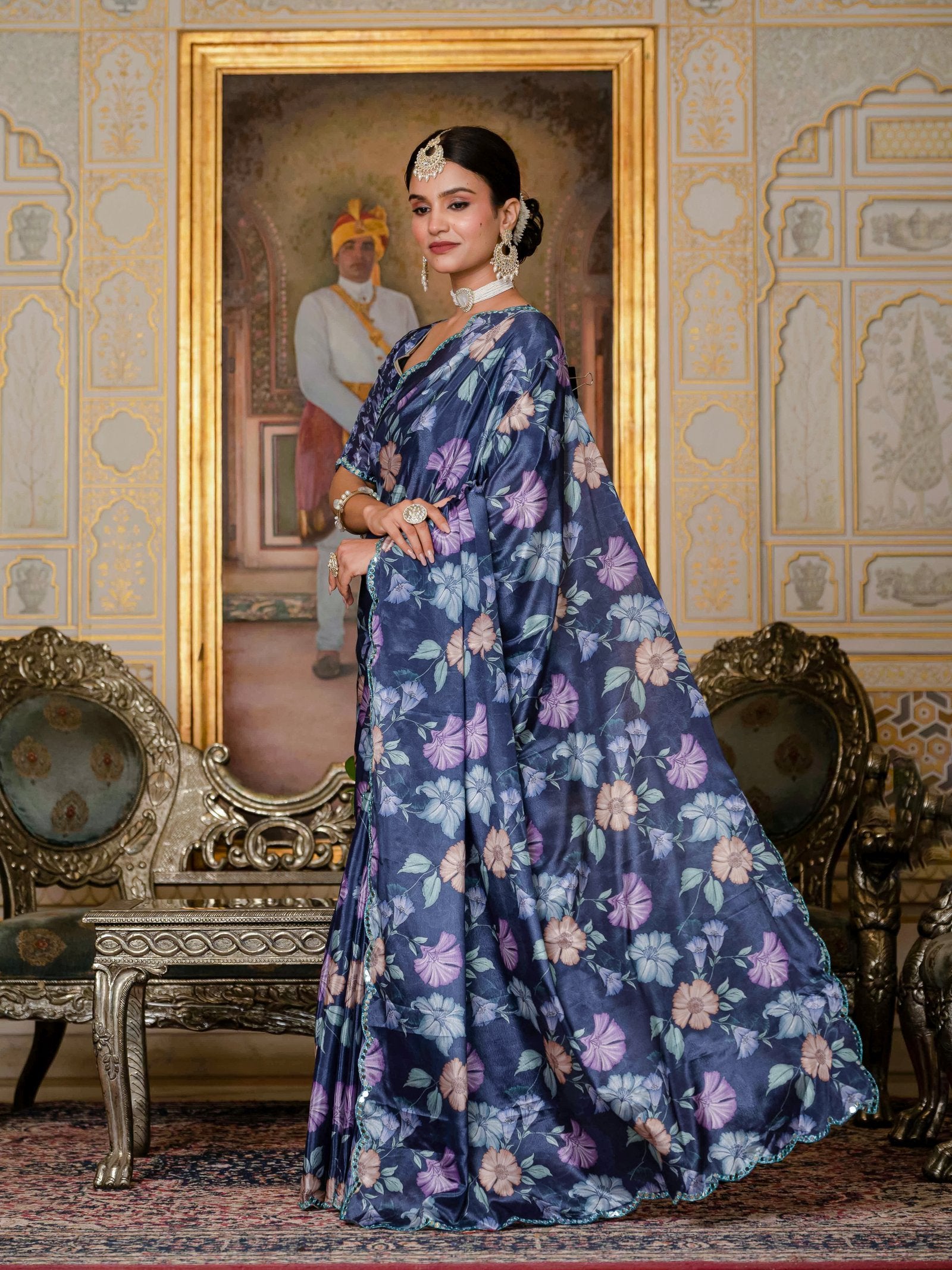 Navy Blue Floral Print Ready-to-Wear Chinnon Saree