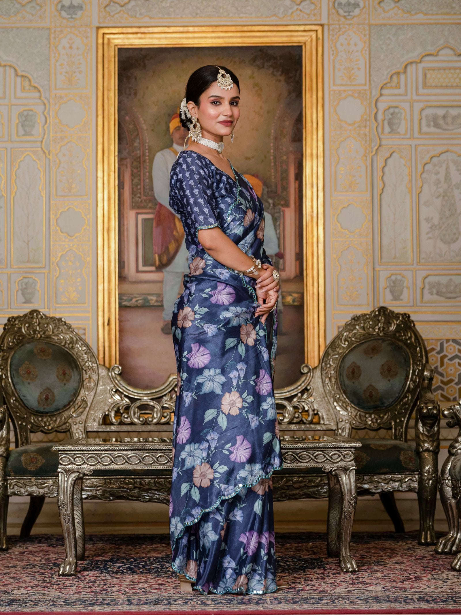 Navy Blue Floral Print Ready-to-Wear Chinnon Saree