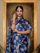 Navy Blue Floral Print Ready-to-Wear Chinnon Saree