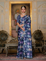 Navy Blue Floral Print Ready-to-Wear Chinnon Saree