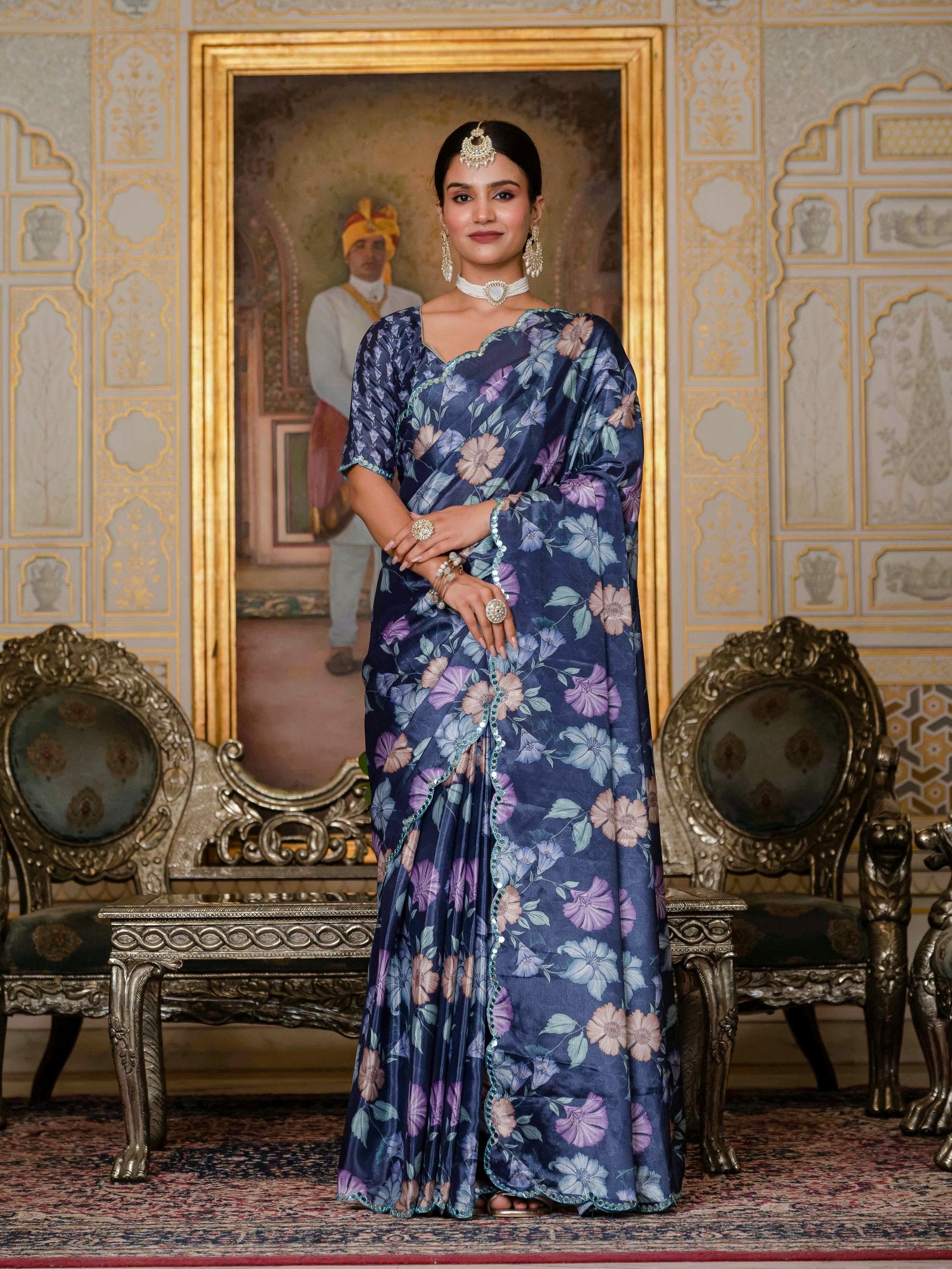 Navy Blue Floral Print Ready-to-Wear Chinnon Saree