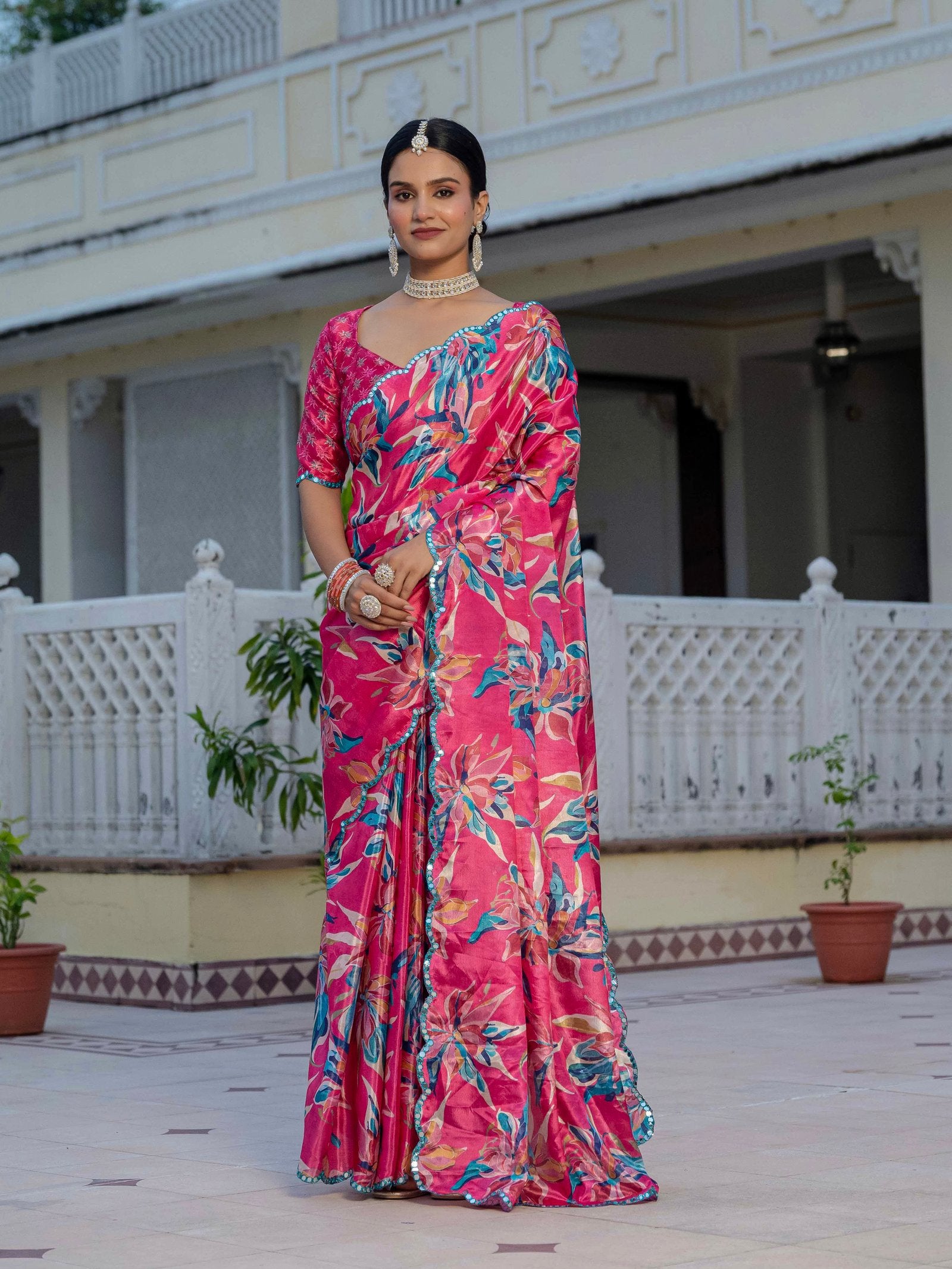 Rani Pink Floral Chinnon Ready-to-Wear Saree with Mirror Lace