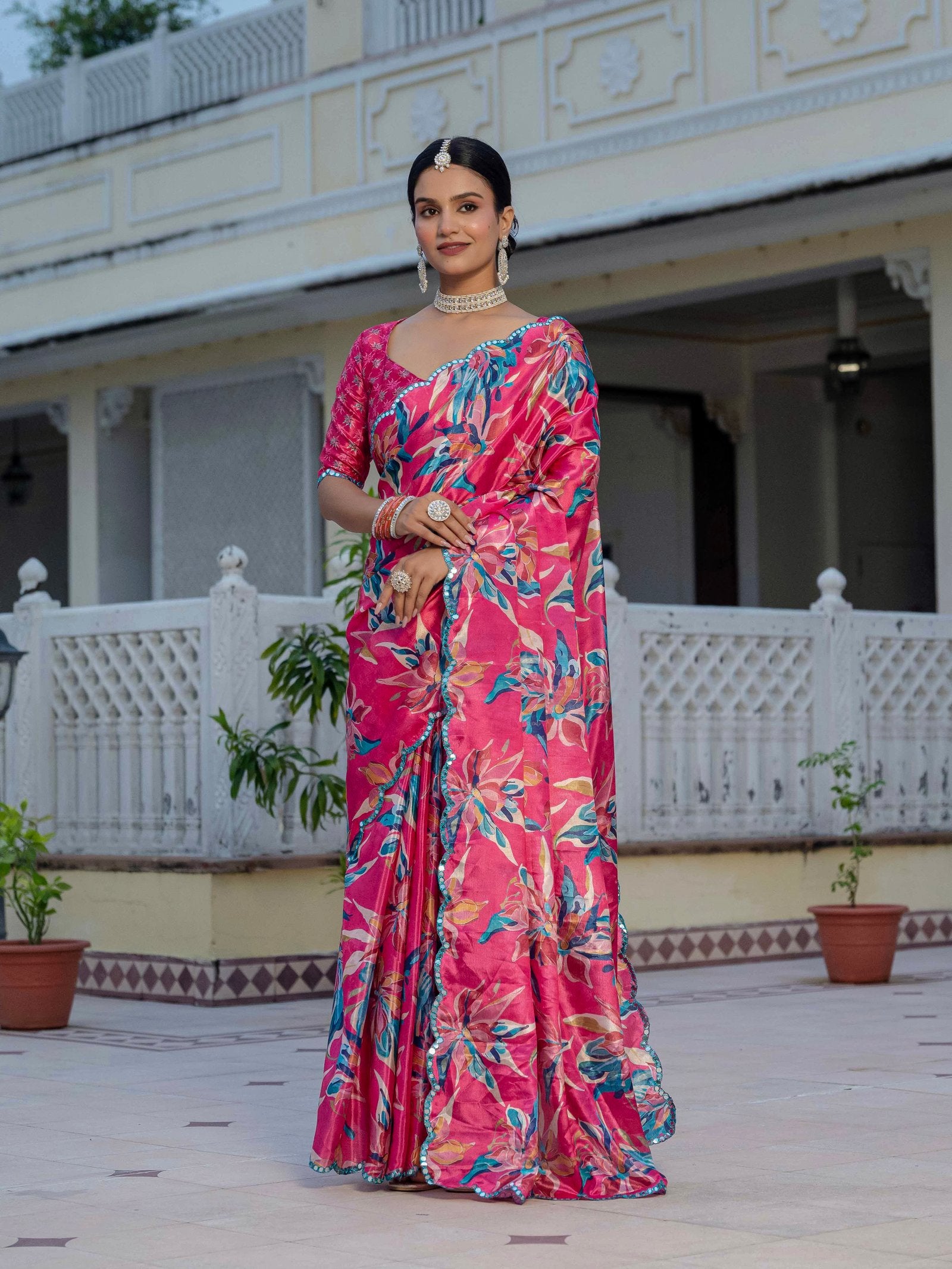 Rani Pink Floral Chinnon Ready-to-Wear Saree with Mirror Lace