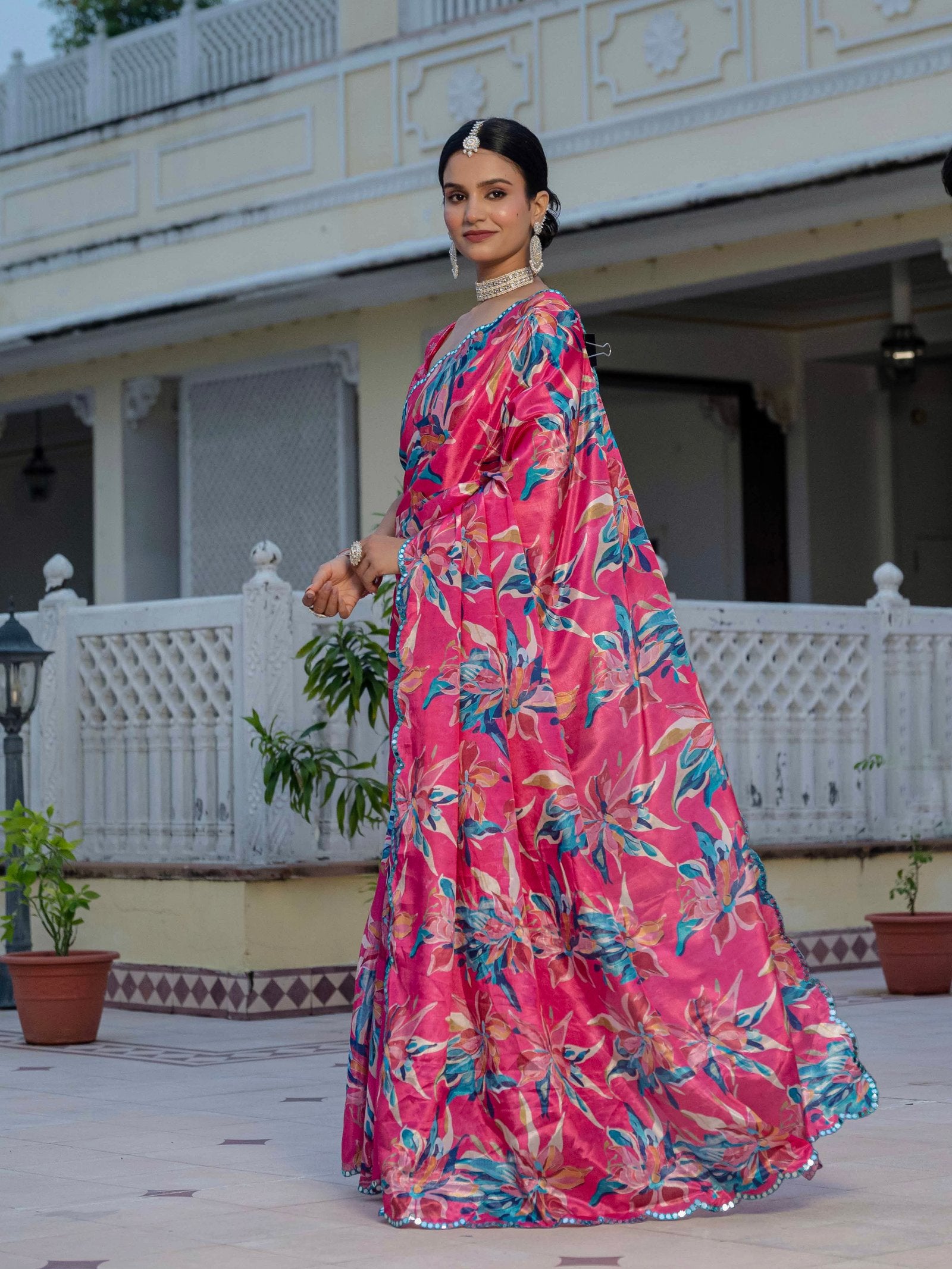 Rani Pink Floral Chinnon Ready-to-Wear Saree with Mirror Lace