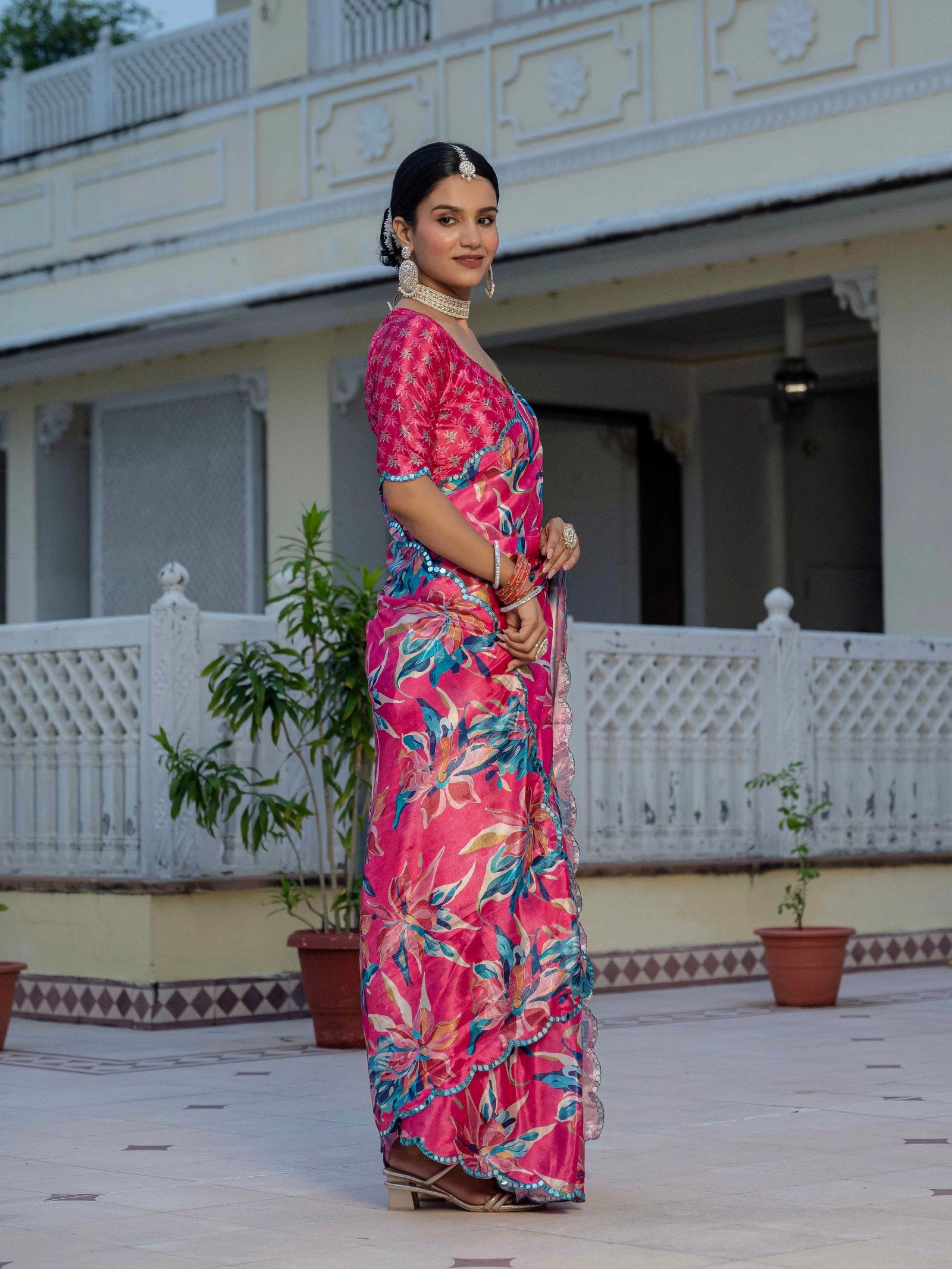 Rani Pink Floral Chinnon Ready-to-Wear Saree with Mirror Lace