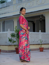 Rani Pink Floral Chinnon Ready-to-Wear Saree with Mirror Lace