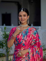 Rani Pink Floral Chinnon Ready-to-Wear Saree with Mirror Lace