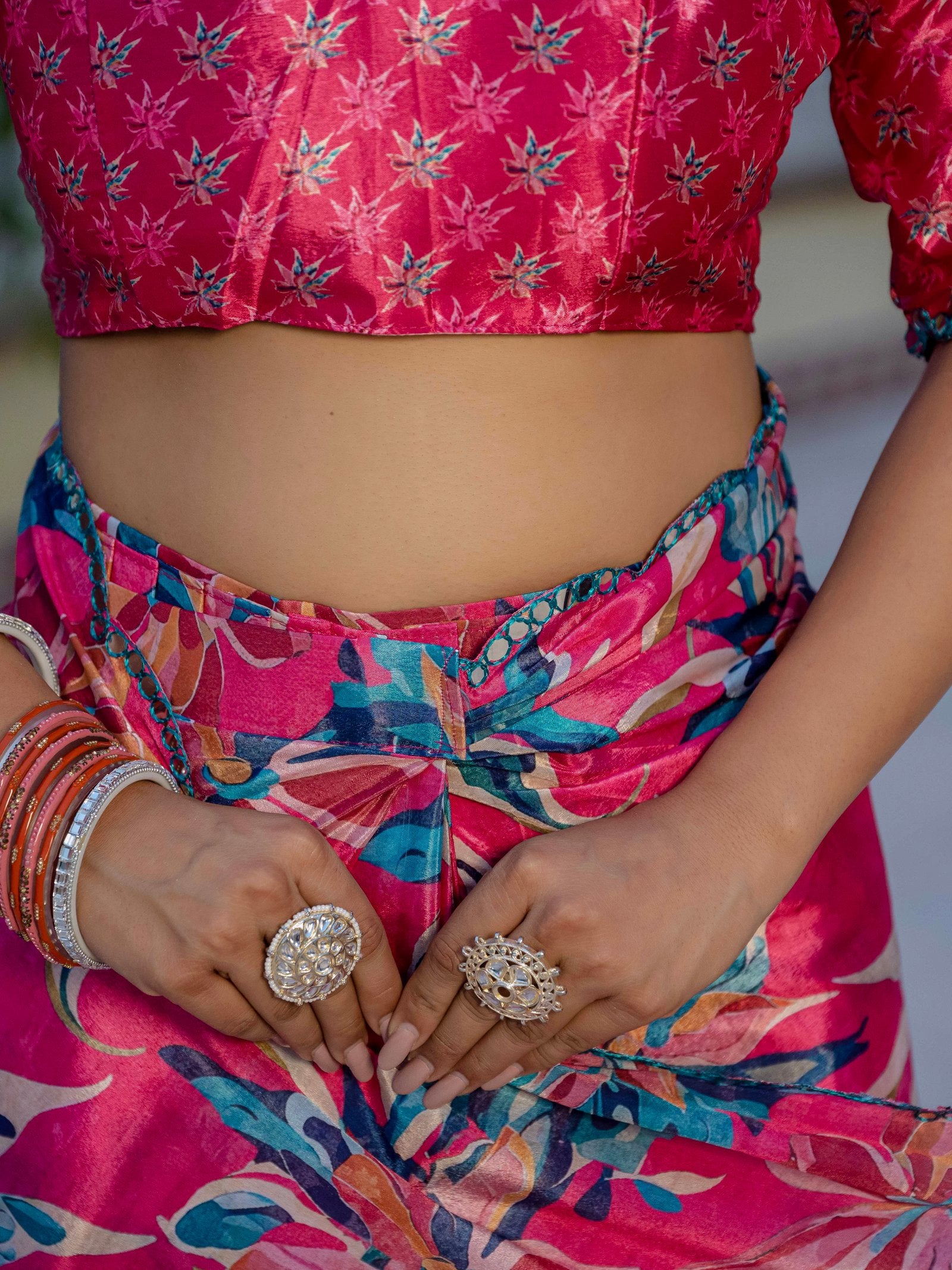 Rani Pink Floral Chinnon Ready-to-Wear Saree with Mirror Lace